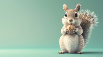 A cute cartoon squirrel holding a walnut on a green background.