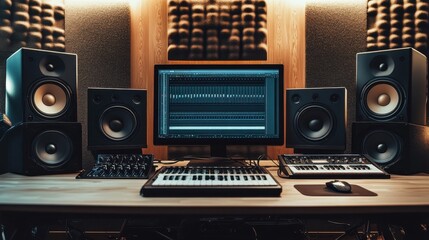 Fototapete - A minimalist image of a pair of high-end studio monitors on a desktop with a sleek audio interface and a laptop, surrounded by acoustic foam, studio monitoring, professional audio setup, sound 