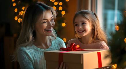 Canvas Print - The woman is smiling and the girl is holding the box