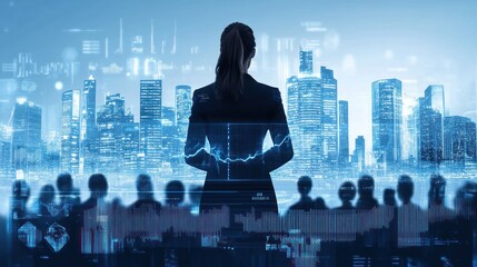 Poster - Businesswoman Silhouette Facing Forward with City Skyline and Data Visualization Behind Her