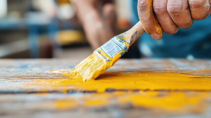 A close view of a hand carefully applying bright yellow paint with a brush, capturing the precision and artistry involved in this colorful painting process.