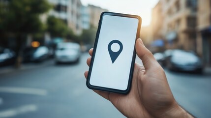 Leinwandbilder - The mobile phone screen features a location pin, indicating navigation in a bustling urban setting filled with parked cars under sunlight. Generative AI