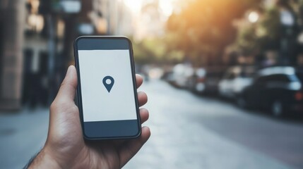Poster - A hand holds a smartphone with a visible location pin on the screen as sunlight filters through a vibrant city street. Generative AI
