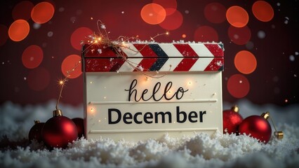 Festive December greeting sign with red ornaments and sparkling lights in a cozy winter setting