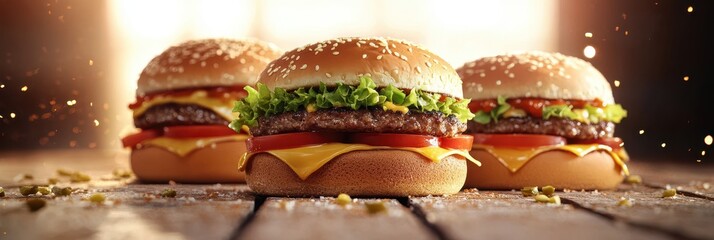 Wall Mural - Delicious burgers with lettuce, tomato, and cheese on a rustic wooden surface.