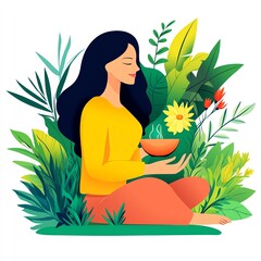 A serene woman sits among lush greenery, holding a bowl with flowers, embodying peace and connection with nature.