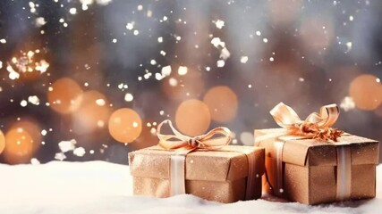 Wall Mural - golden christmas presents with ribbons are on a sparkling background with copy space. ready for prod