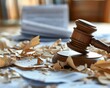 © Arush - Judicial gavel on a desk surrounded by torn paper, symbolizing legal turmoil or decision-making process in a courthouse setting.