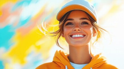 A woman wearing a cap and an orange hoodie smiles brightly against a vibrant, abstract background, conveying joy and energy in a modern fashion style.