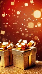 Wall Mural - golden gift boxes on christmas background with golden bokeh. copy space. vertical video
