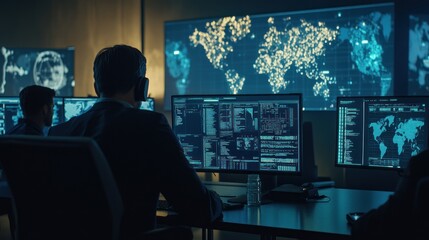 Fototapete - Hacker Working Late at Night in Front of Multiple Monitors Displaying Data and a World Map