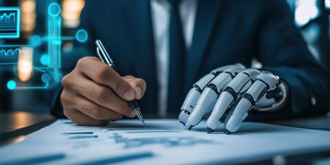 Robotic hand writing on document, futuristic business concept.