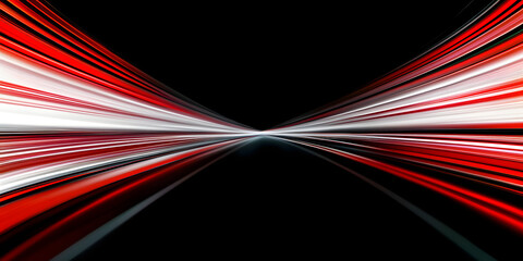 Poster - Panoramic high speed technology concept, light abstract background. Image of speed motion on the road. Abstract background in red and white neon glow colors