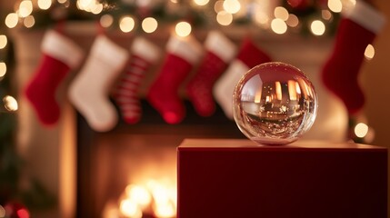 Poster - A beautiful glass ornament sits on a red gift box, with festive stockings hung above a warm fire. Twinkling lights add a cozy ambiance to the holiday atmosphere, creating a joyful scene.