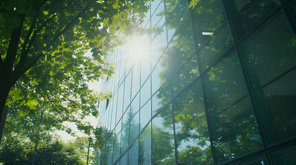 contemporary office building with reflective glass windows and lush green trees surrounding it, basking in sunlight