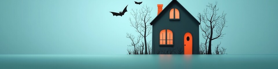 Haunted house with ghosts in the windows, bats flying around, flat design illustration