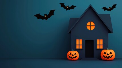 Haunted house with jack-o'-lanterns on the porch, bats flying overhead, flat design illustration ,closes up