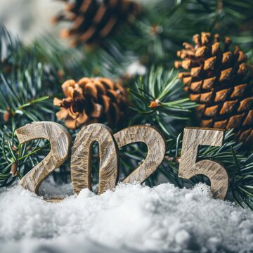 2025 new year with a fir tree and snow in the background.