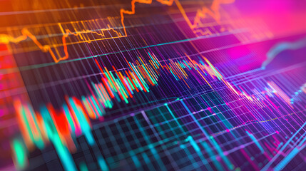 Poster - vibrant detailed graph with multiple line charts overlaid on a bar chart, set against a grid on a white background, representing data analysis 