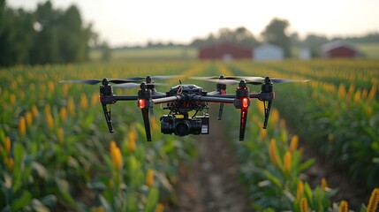 Poster - A drone hovers over a lush cornfield, capturing detailed images of crops while sunlight sets in the background, highlighting agricultural advancements.