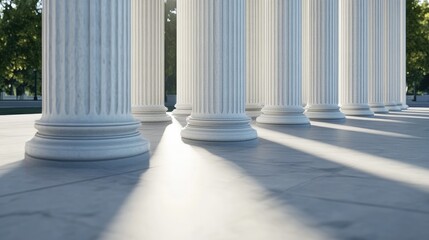 Poster - Sunlight filters through the impressive white marble pillars at the building, casting lovely shadows and emphasizing their smooth, elegant curves against the ground