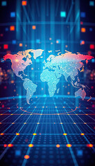 Aufkleber - digital world map with glowing blue grids data streams global network futuristic technology concept vertical format