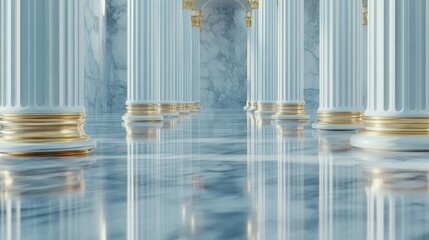 Poster - Sunlight filters through the impressive white marble pillars at the building, casting lovely shadows and emphasizing their smooth, elegant curves against the ground