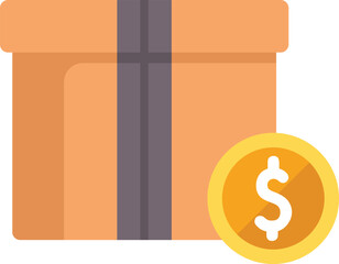 Poster - simple vector illustration of a closed cardboard box and a gold dollar coin, representing the concep