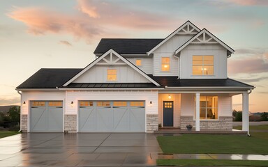 a photo of A modern suburban house with two stories and a clean, symmetrical design.