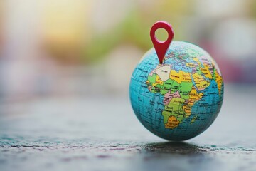 Poster - A simple globe displays a highlighted destination with a vibrant pin, set against a blurred, cheerful background. Generative AI