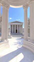 Poster - Sunlight filters through the impressive white marble pillars at the building, casting lovely shadows and emphasizing their smooth, elegant curves against the ground