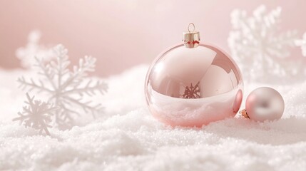 Poster - Two Christmas ornaments, one large and pink, the other small and silver, are sitting on white snow. Several white, paper snowflakes surround the ornaments. The background is a soft, pink color.