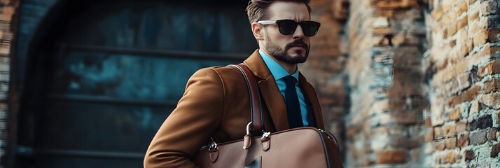 Stylish man carrying a luxury bag in a city street wearing sunglasses