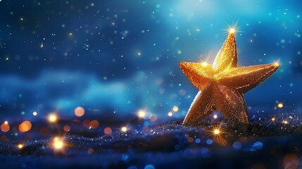 A gold, sparkly star sits on a snowy, blue background with bokeh lights.