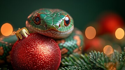 A friendly green snake interacts with red and gold holiday decorations in a festive setting