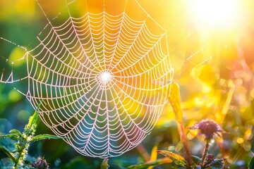 A close-up of a dewdrop-covered spider web glistening in the morning sun, showcasing intricate patterns and vibrant colors.
