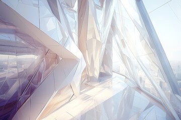 Poster - A stunning architectural interior featuring reflective surfaces and geometric shapes in a bright atmosphere.