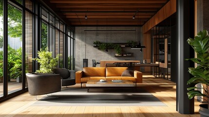 Wall Mural - Modern Living Room with Large Windows and Greenery