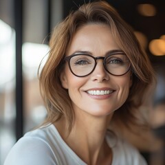 A confident, smiling woman with glasses and short hair in a bright and modern office environment.