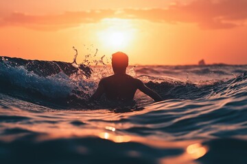 A person silhouetted against the setting sun dives into the ocean waves, embodying freedom and adventure.