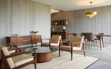 a photo of a mid-century modern space with sleek, angular furniture in walnut finishes.  