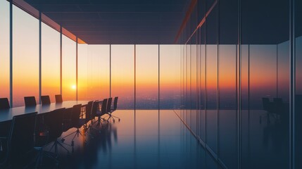 Poster - Empty Conference Room with Sunset View from Large Windows