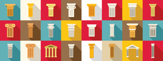 Poster - greece pillar icons set. big set of various architectural columns representing classical orders in f