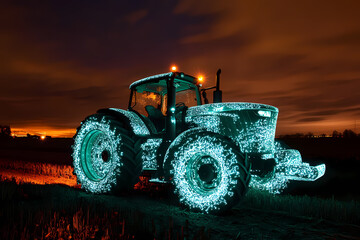 image of a tractor with bioluminescent spots glowing in the dark