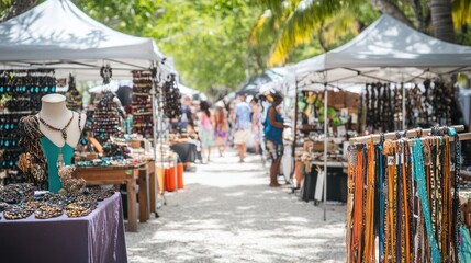 A craft market filled with booths selling handmade jewelry, textiles, and unique creations