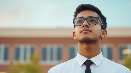 young man in formal attire gazes upward with thoughtful expression, wearing glasses and tie. backgro