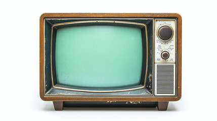 Fototapete - old classical tv aged cube television vintage classic equipment with green screen chroma key 3d minimal style render screen centered in center square png on white clean background