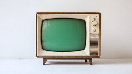 Fototapete - old classical tv aged cube television vintage classic equipment with green screen chroma key 3d minimal style render screen centered in center square png on white clean background