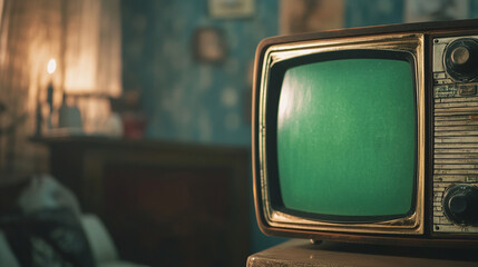 Fototapete - old classical tv aged cube television vintage classic equipment indoor location room old atmosphere with green screen chroma key 3d minimal style render screen centered on right side background