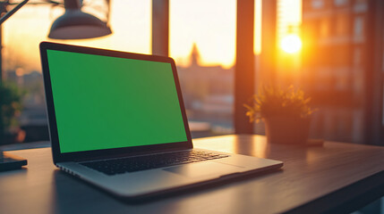 Fototapete - 3d realistic render of laptop with green screen chroma key monitor in modern office cafe with warm lighting sunlight windows real atmosphere